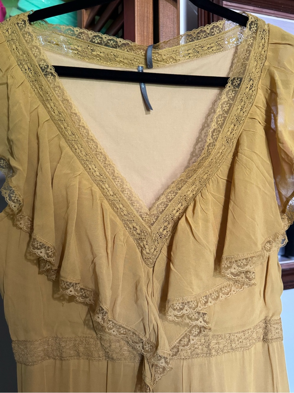Anthropologie Mustard Yellow Maxi Dress with Ruffle V-Neck - Picture 2 of 6